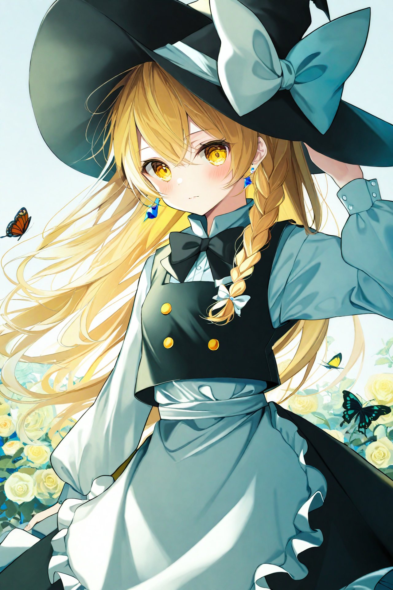 masterpiece,best quality,illustration,ultra detailed,hdr,Depth of field,(colorful),Artist ame929,1girl,hat,kirisame marisa,blonde hair,solo,yellow eyes,bug,witch hat,butterfly,long hair,braid,bow,flower,apron,black headwear,single braid,long sleeves,hair ornament,earrings,jewelry,white bow,hair flower,shirt,white shirt,closed mouth,hair between eyes,waist apron,white apron,black bow,white flower,hat bow,black skirt,blush,bowtie,skirt,black bowtie,looking at viewer,rose,hair bow,vest,black vest,frills,signature,buttons,hand on headwear,