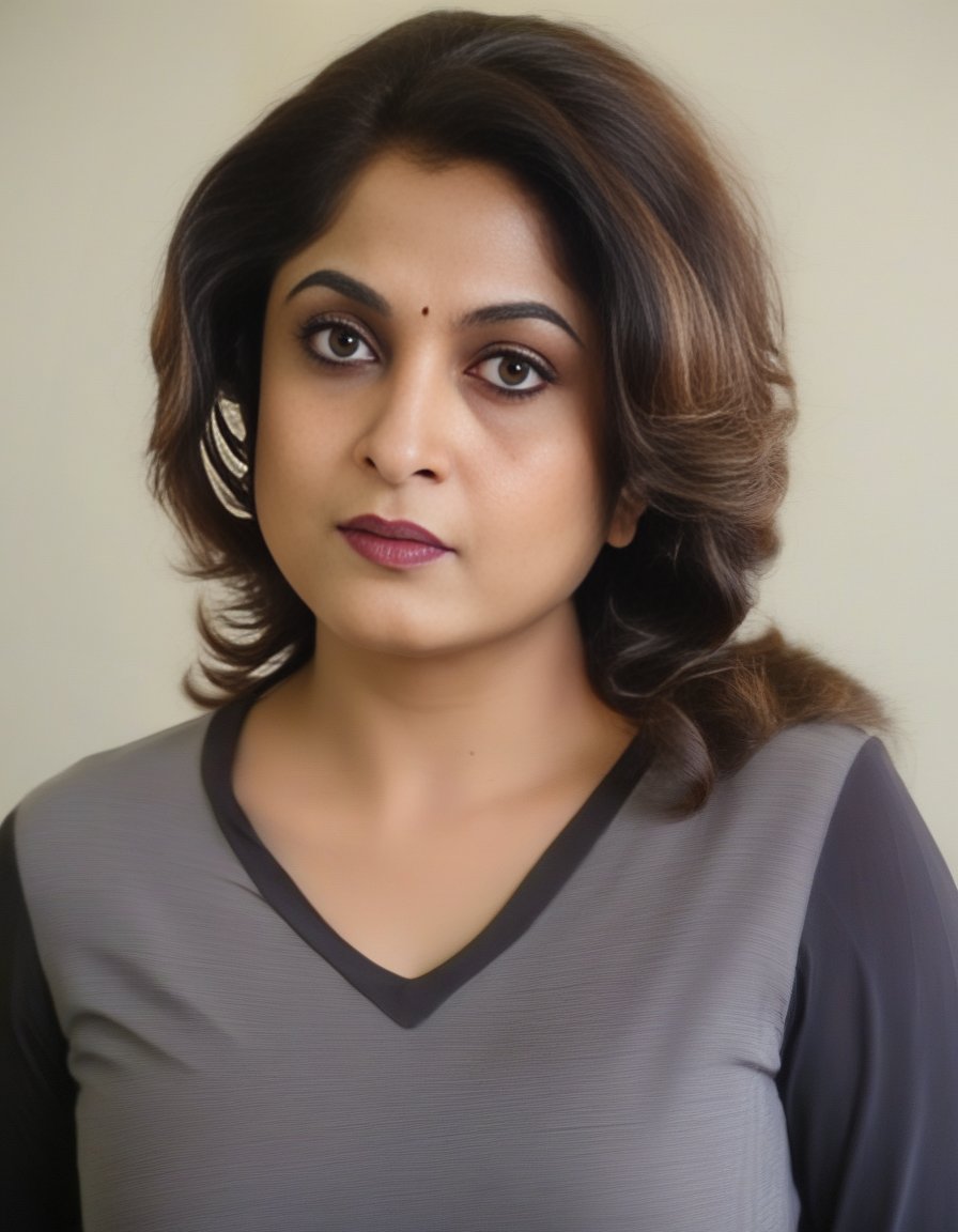 RamyaKrishnan,<lora:RamyaKrishnanSDXL:1>An image of a poised young woman with shoulder-length wavy dark blonde hair. She is looking directly at the viewer with a soft, assured gaze. She is wearing a fitted, long-sleeved, dark charcoal V-neck top with small, light speckles, giving the appearance of a subtle shimmer. The top is gathered at one side to highlight her figure. One hand is casually running through her hair while the other rests by her side. The setting is indoors with natural lighting that enhances the soft makeup on her fair skin, complete with defined eyebrows and light pink lipstick.