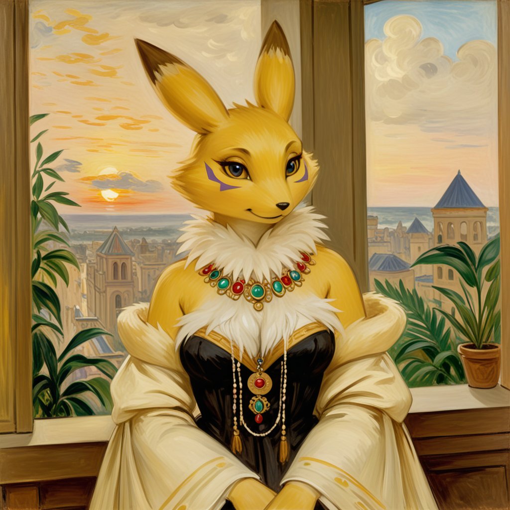 by Blanche Hoschedé Monet, by Berthe Morisot, oil painting \(artwork\), curvy figure (renamon:1.25), neck tuft, fluffy, half-length portrait, aztec clothing, necklace, gem, aztec mythology, fantasy, building, plant, cloud, inside, sunset