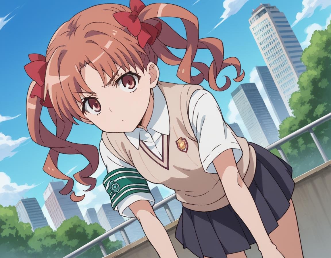 score_9, score_8_up, score_7_up, source_anime,kurokoshirai, <lora:kuroko-shirai-s3-ponyxl-lora-nochekaiser:1>,kuroko shirai, brown hair, long hair, parted bangs, brown eyes, ringlets, twintails, hair bow, bow, red bow,armband, black skirt, collared shirt, dress shirt, pleated skirt, safety pin, school uniform, shirt, short sleeves, skirt, summer uniform, sweater vest, tokiwadai school uniform, twintails, white shirt, brown sweater vest,outdoors, cityscape, bent over,looking at viewer, dutch angle, cowboy shot,