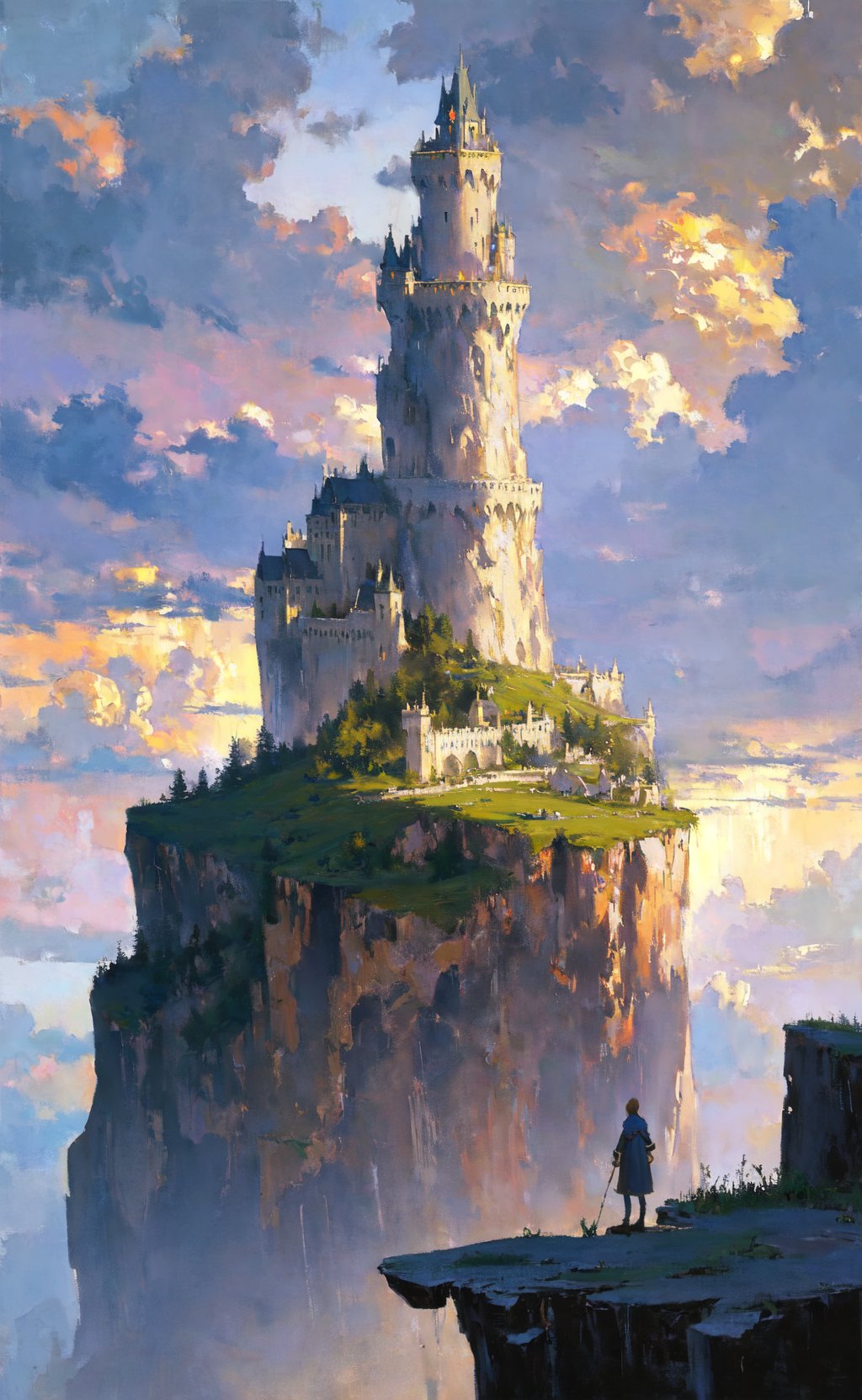 masterpiece, best quality, impressionism oil painting, realistic fantasy illustration, wizard tower resting at a cliff, cloudy sky, volumetric lighting