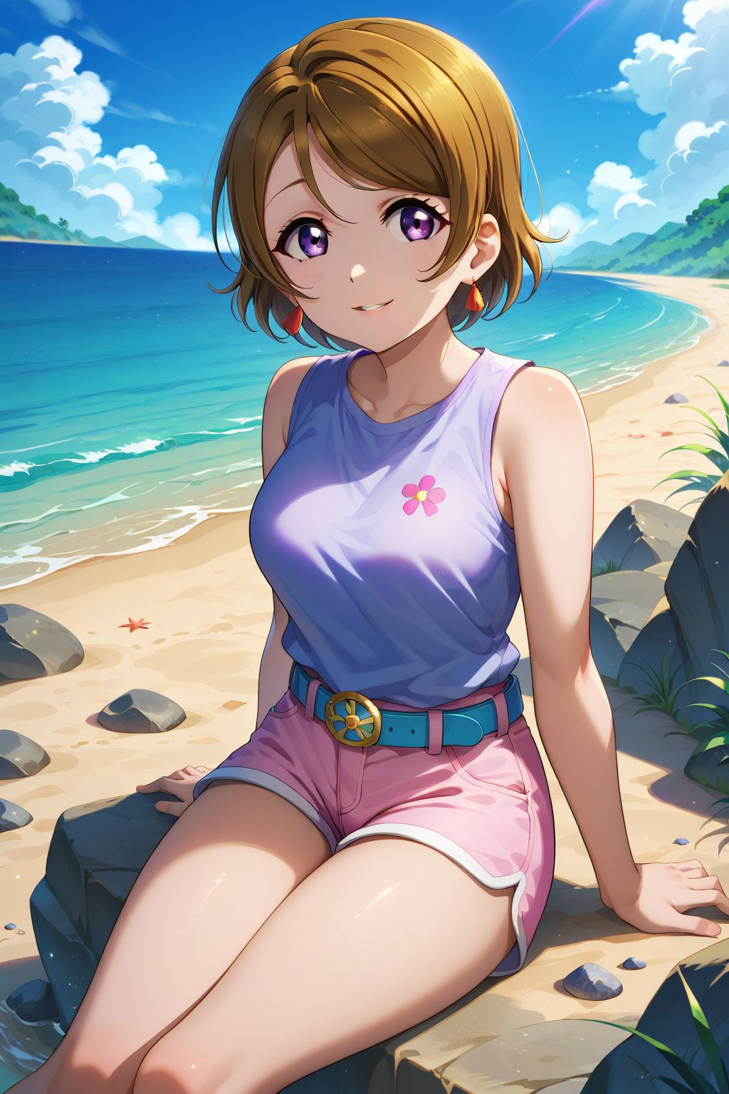 score_9, score_8_up, score_7_up, 1girl,konayo, short hair, brown hair, purple eyes, closed mouth, smile, parted lips,short shirt, sleeveless, shorts, belt, sitting, looking at viewer, looking on side, on rocks, beach backround, blue sky, outdoors<lora:EMS-461852-EMS:1.000000>