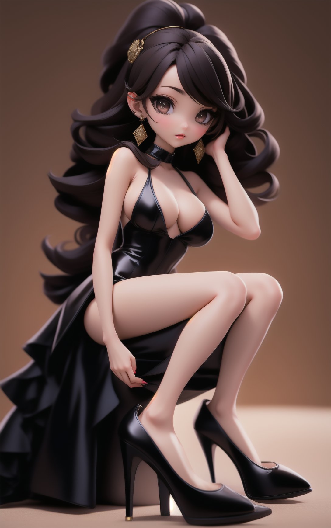 Yuya Mikami,a woman in a black bodysuit sitting on a bed with her legs crossed and her hand on her chin,1girl,breasts,solo,earrings,high heels,dress,squatting,cleavage,medium breasts,jewelry,black dress,black footwear,brown eyes,brown hair,finger to mouth,