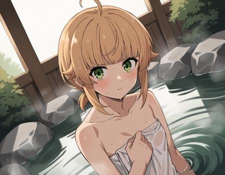 score_9, score_8_up, score_7_up, source_anime,norngreyrat, <lora:norn-greyrat-s2-ponyxl-lora-nochekaiser:1>,norn greyrat, bangs, blonde hair, green eyes, ahoge,nude, naked, small breasts,outdoors, onsen, towel, naked towel, steam, bathing, nude cover, partially submerged, water, bath, steam censor, wet towel, blush,solo, dutch angle, looking at viewer, cowboy shot,