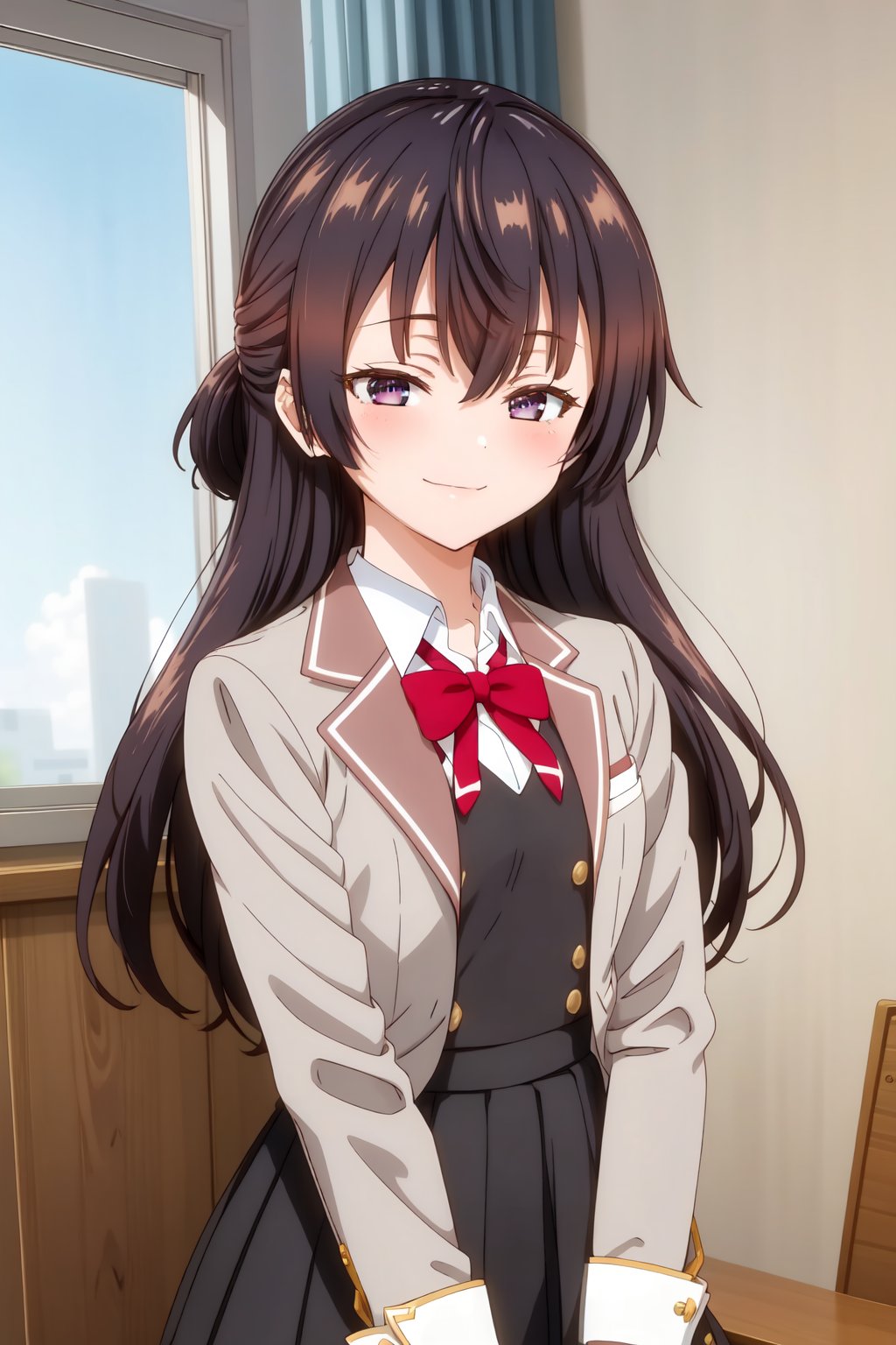 YukiSuou, 4k, absurd, high resolution, very high resolution, high definition, masterpiece, 1girl, solo, long hair, looking at viewer, blush, smile, brown hair, shirt, black hair, long sleeves, dress, bow, ribbon, hair between eyes, closed mouth, school uniform, purple eyes, jacket, collared shirt, indoors, bowtie, red bow, window, blazer, red bowtie, pinafore dress<lora:EMS-435737-EMS:0.900000>