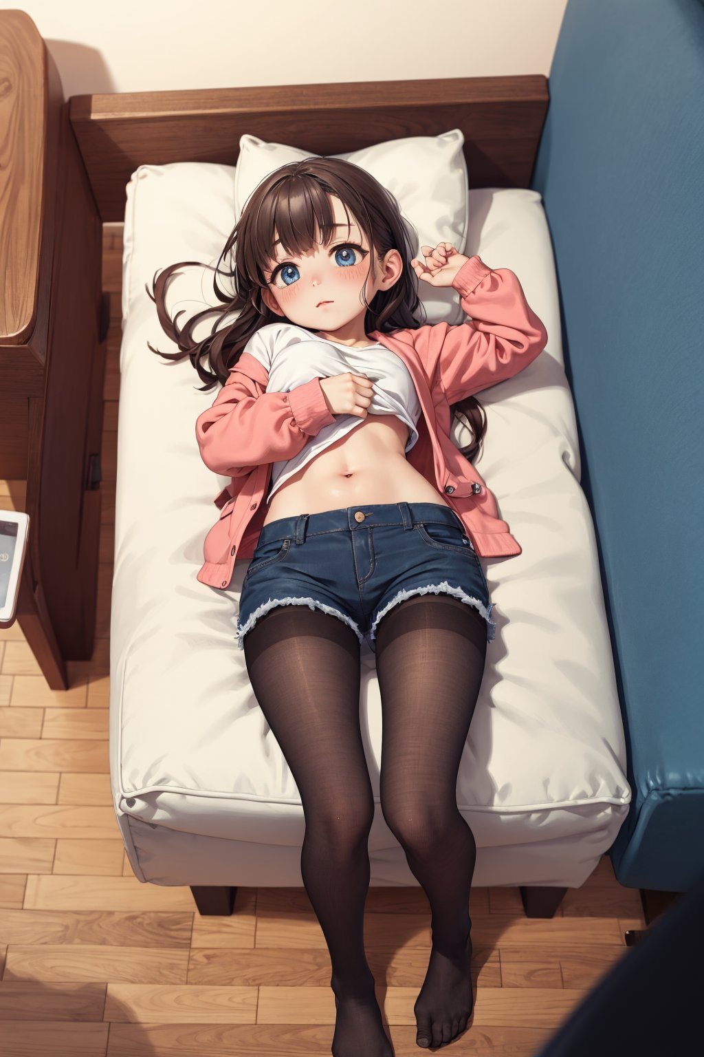 masterpiece,best quality,high quality,(colorful),[Artist onineko],[Artist chen bin],[Artist agwing86],Artist minato ojitan, 1girl, pillow, solo, pantyhose, blue eyes, lying, shorts, hugging object, on back, no shoes, couch, blush, brown hair, looking at viewer, navel, pillow hug, long sleeves, feet, short shorts, soles, phone, indoors, shirt, blue shorts, black pantyhose, on couch, thighband pantyhose, wooden floor, cellphone, toes, pink shirt, from above, panties, underwear, smartphone, panties under pantyhose