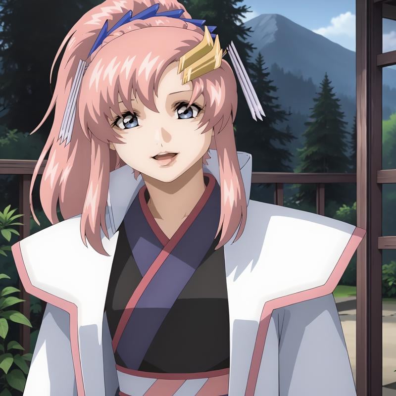 <lora:LacusClyneXLpony002>,smile,looking at viewer,open mouth,solo,LacusClyne,1girl,pink hair,ponytail,blue eyes,hair ornament,white coat,kimono,mini skirt,outdoors,nature,standing,upper body,