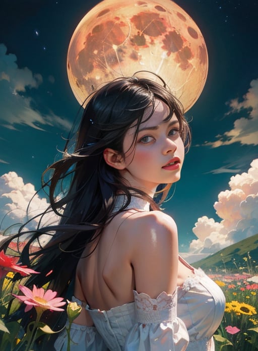 bjelegant,1girl,solo,longhair,bareshoulders,lookingatviewer,flower,wind,sky,cloud,statelygoldcircuitboardtracesilkthread,full_moon,Frombelow,realistic,cinematiclighting,strongcontrast,highlevelofdetail,Bestquality,masterpiece,Whitebackground,Intricatepattern,Ornatedecoration,