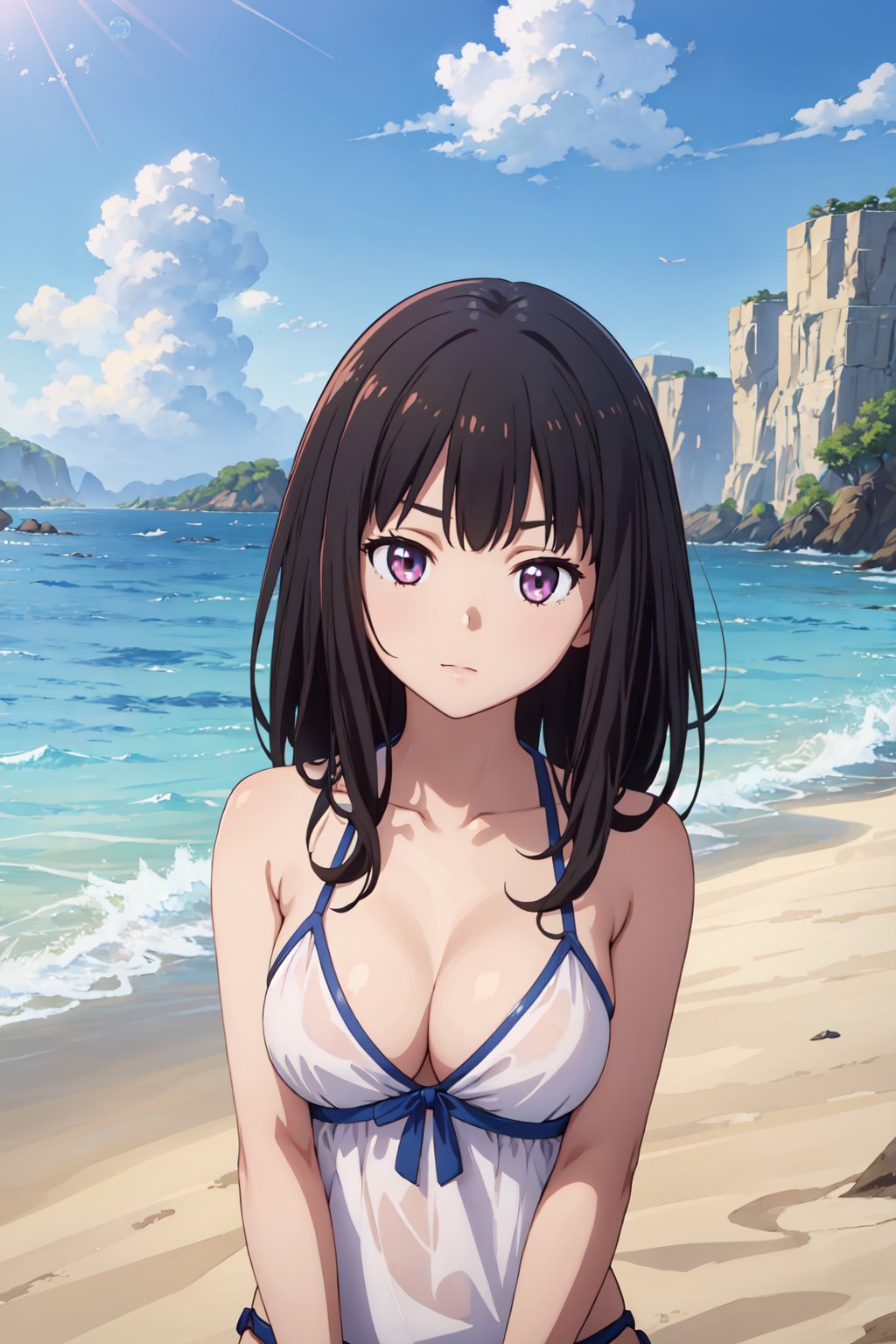 takina, 4k, absurd, high resolution, very high resolution, high definition, masterpiece, upper body, bikini, beach, v-arms<lora:EMS-361546-EMS:0.500000>