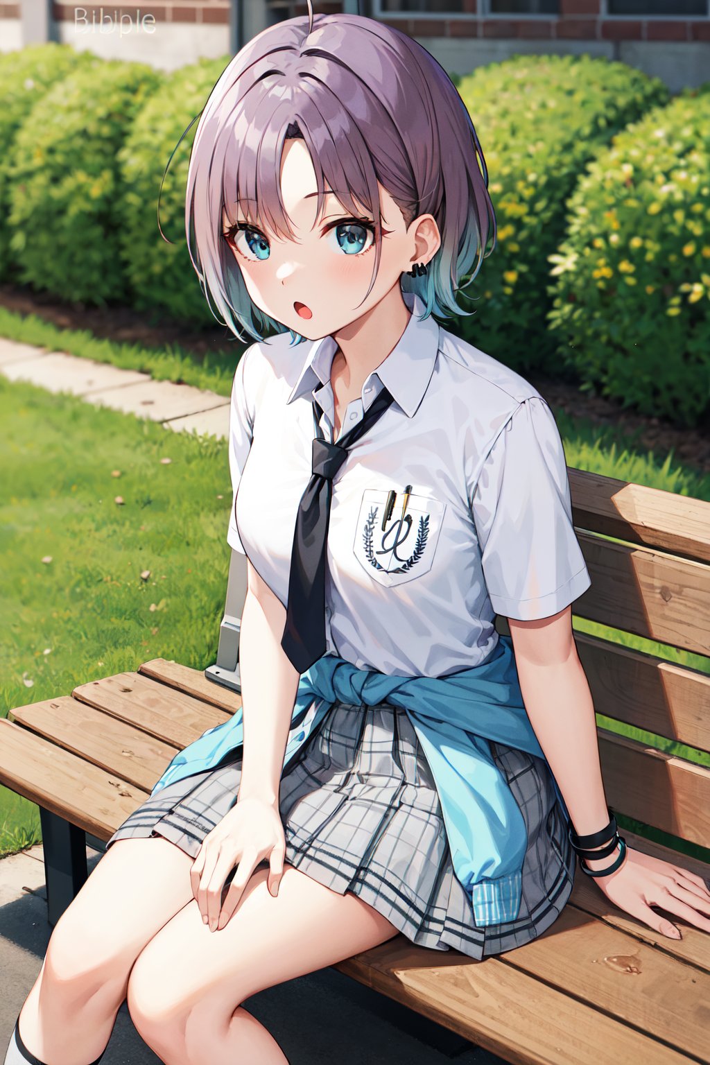 masterpiece, best quality, highres, aatoru, short hair, gradient hair, ahoge, earrings, school uniform, black necktie, collared shirt, white shirt, sleeves rolled up, breast pocket, bracelet, wristband, clothes around waist, plaid skirt, grey skirt, <lora:asakura_toru_v1:0.7>, bench, outdoors, sitting, :o, petals