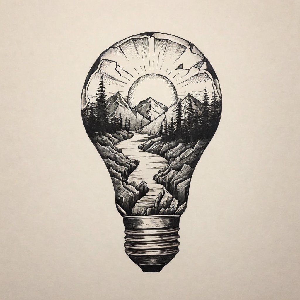 <lora:MinTattooXL-000034:1>, drawing of a minimalist tattoo, landscape inside a broken light bulb