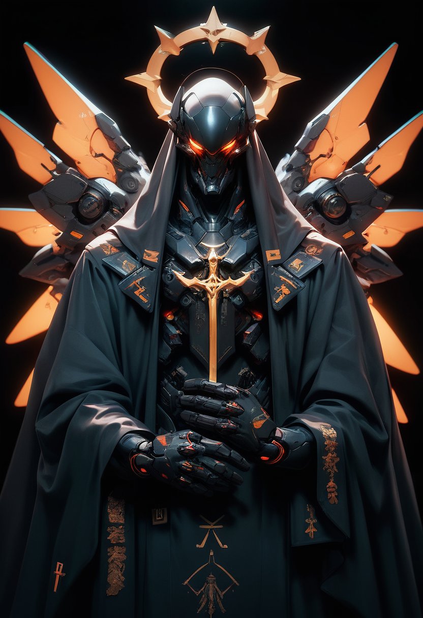 (score_9, score_8_up, score_7_up), zPDXL, 1man, 3 others, hands out, unholy, priest, mecha wings, award winning, looking at viewer, no humans, glowing, halo, robot, black background, mecha, glowing eyes, science fiction, black robe, humanoid robot<lora:BioPunky:0.8>