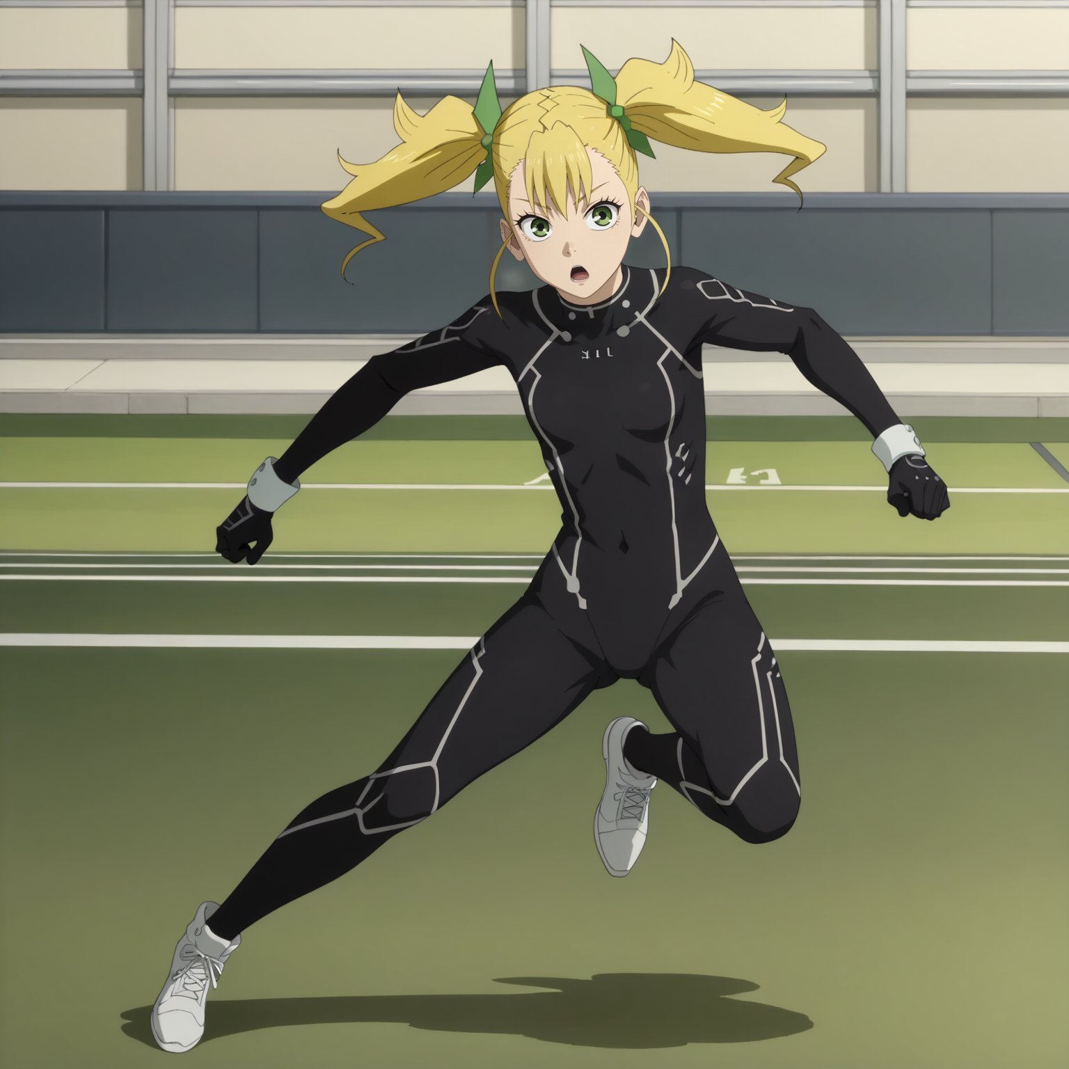 <lora:KikoruShinomiyaXLpony001>,solo,KikoruShinomiya,1girl,blonde hair,twintails,green eyes,black body suit,full body,running,