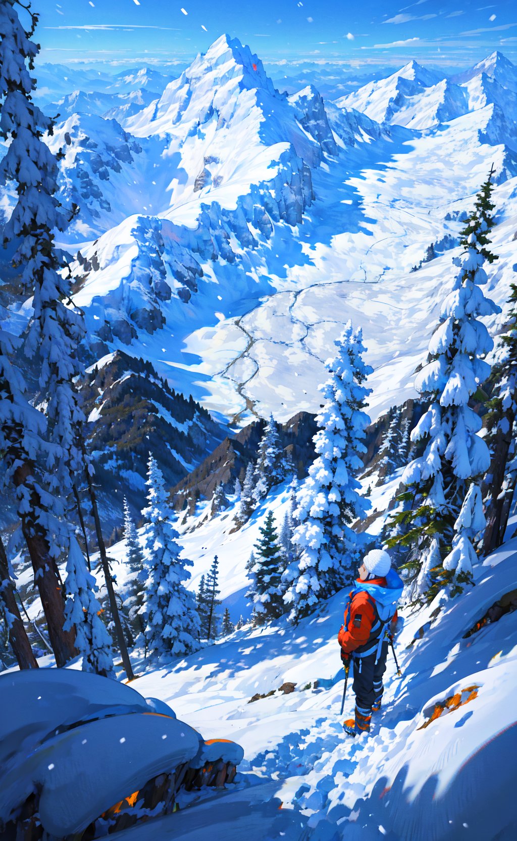 masterpiece, best quality, mountain climber, mountain top, looking over a grand view, snowy winter forest, mountain, snow, snowing