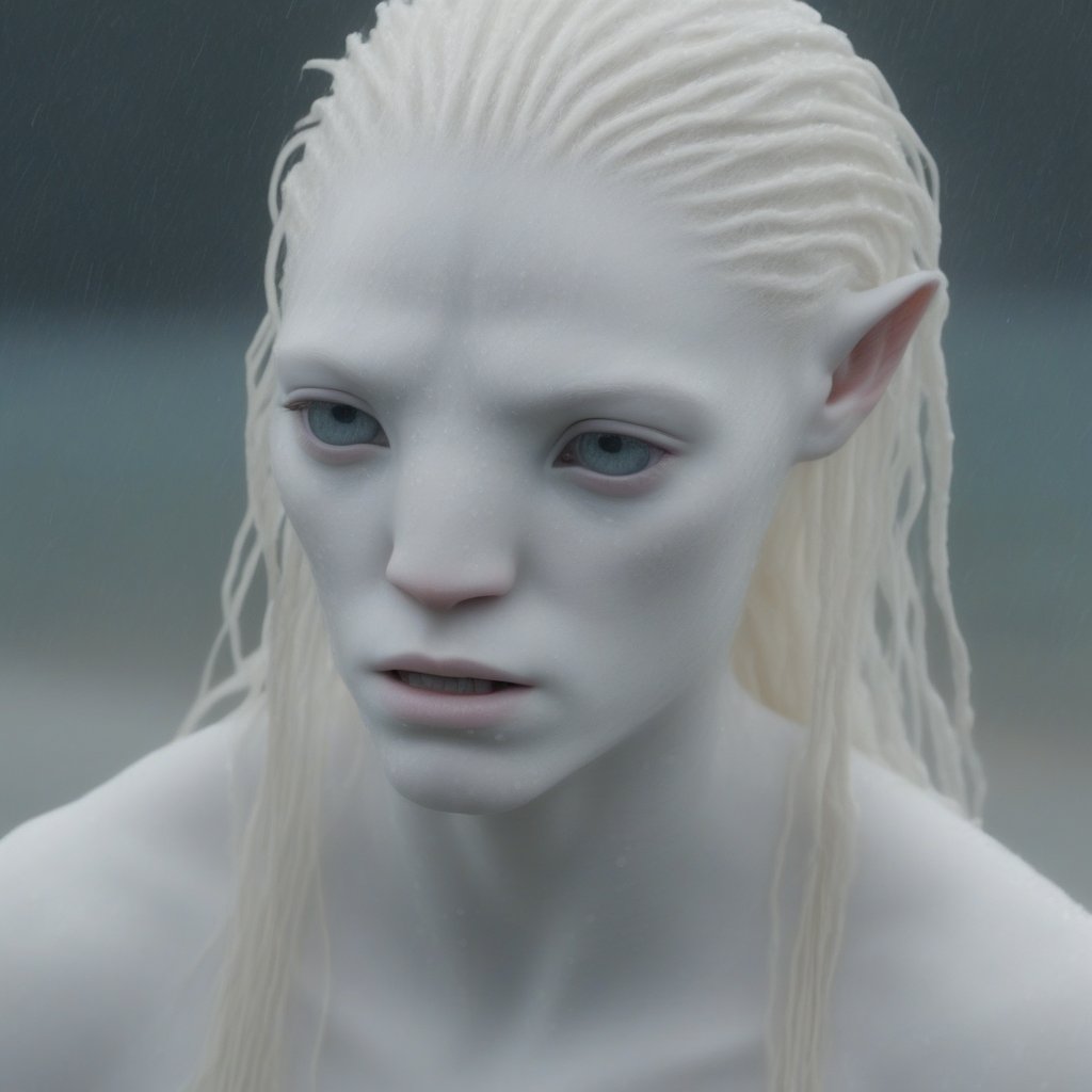 Beautiful albino na’vi, long white hair, white skin, freckles, upset face, wet skin, raining, beach, lots of details, movie still, 4k quality