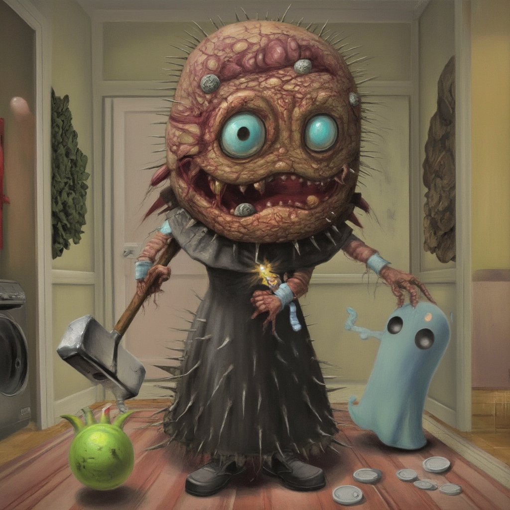 lowbrow art style, surreal, solo, looking at viewer, open mouth, blue eyes, dress, holding, standing, full body, shoes, teeth, indoors, black footwear, :o, black eyes, no humans, mask, bandages, spikes, ball, floating, monster, ghost, creature, hammer, coin, horror (theme), toy, holding hammer ,<lora:LowBrowF1D:1>