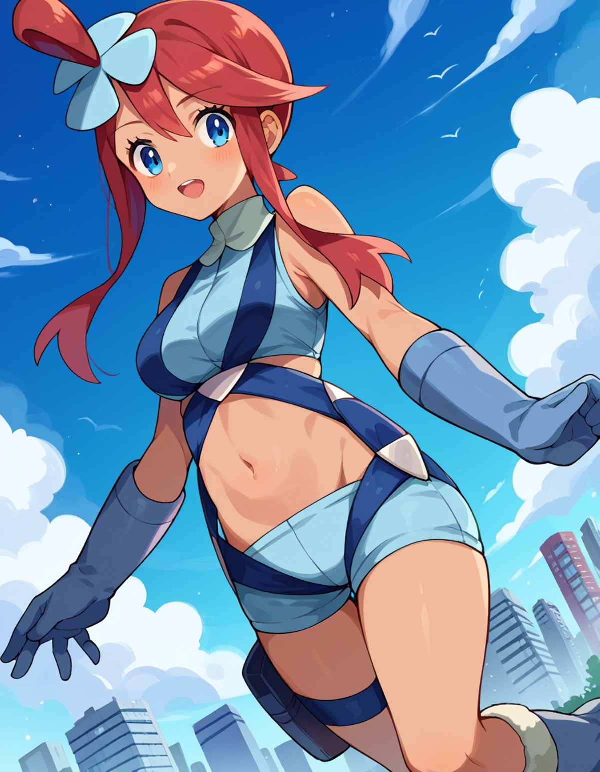 score_9, score_8_up, score_7_up, source_anime,pokemonskyla, <lora:pokemon-skyla-ponyxl-lora-nochekaiser:1>pokemonskyla, blue eyes, hair ornament, one side up, red hair, short hair with long locks, sidelocks,blue footwear, blue gloves, blue jacket, blue shorts, boots, crop top, cropped jacket, gloves, jacket, midriff, navel, short shorts, shorts, thigh pouch,outdoors, cityscape,looking at viewer, cowboy shot, dutch angle,