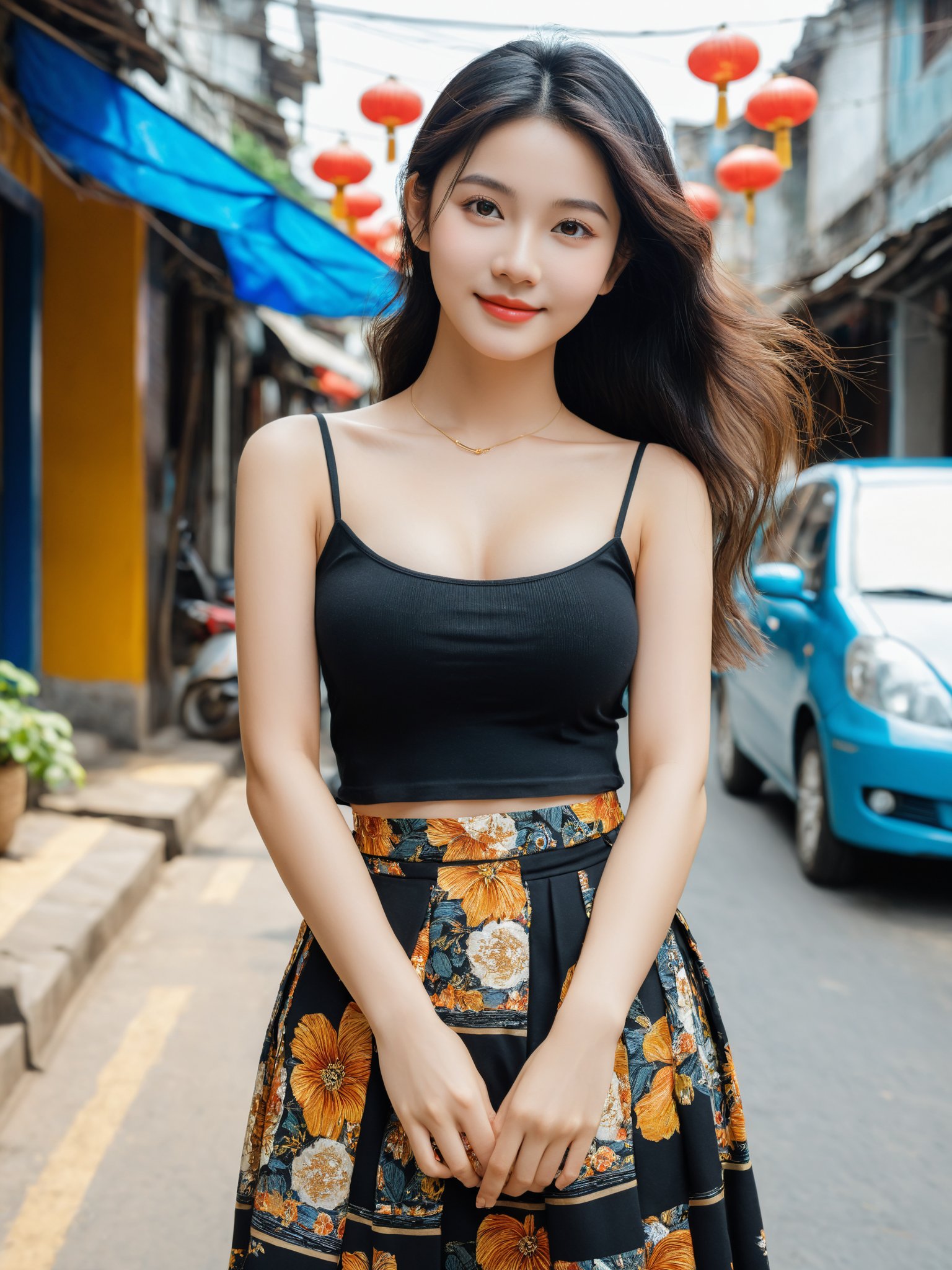 masterpiece, best quality, realistic, photo, real, incredibly_absurdres, Ultra HD,Affectionately looking at you,8K,UHD,in the vietnamese city street, full body, arms behind head,arms behind back , bust photo,The 20-year-old vietnamese girl,She has black hair, boho_chic maxi skirt with prints outfit, The lines of her face are soft and smooth. Her skin is as fair as snow, soft and delicate, and her eyes are bright and bright, deep and mysterious, making people feel endless charm and appeal. The eyebrows are slender and graceful, the nose is straight and noble, the lips are rosy and seductive, and the slightly raised angle reveals confidence and elegance. Her facial features are delicate and three-dimensional, with well-defined contours, like a fine painting or a finely carved work of art. The overall feeling is gentle, elegant, noble and full of charm, huge_filesize, bust, girl, kawaii, adorable girl, bishoujo, ojousama, idol, wavy hair, long hair, black hair, beautiful detailed eyes, looking at viewer, seductive smile, black eyes, large breasts, arms behind back ,