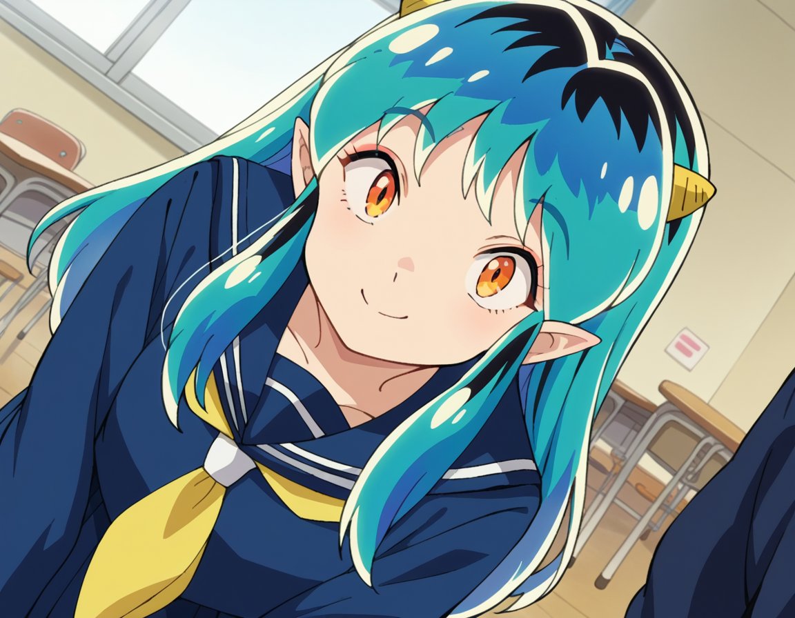 score_9, score_8_up, score_7_up, source_anime,uruseilum, <lora:urusei-lum-anime-s1-ponyxl-lora-nochekaiser:1>,lum, long hair, bangs, blue hair, orange eyes, horns, pointy ears, aqua hair, oni horns, eyeshadow,shirt, long sleeves, school uniform, serafuku, sailor collar, neckerchief, yellow neckerchief, shirt, blue shirt, blue sailor collar, blue skirt,indoors, classroom, smile, bent over,looking at viewer, dutch angle, cowboy shot,