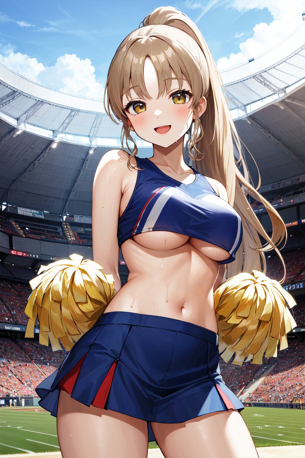 masterpiece, best quality, highres, aasister, long hair, <lora:sister_cleaire_v2:0.7>, ponytail, cheerleader, pom pom \(cheerleading\), smile, standing, underboob, stadium, midriff, standing, cowboy shot, sweat