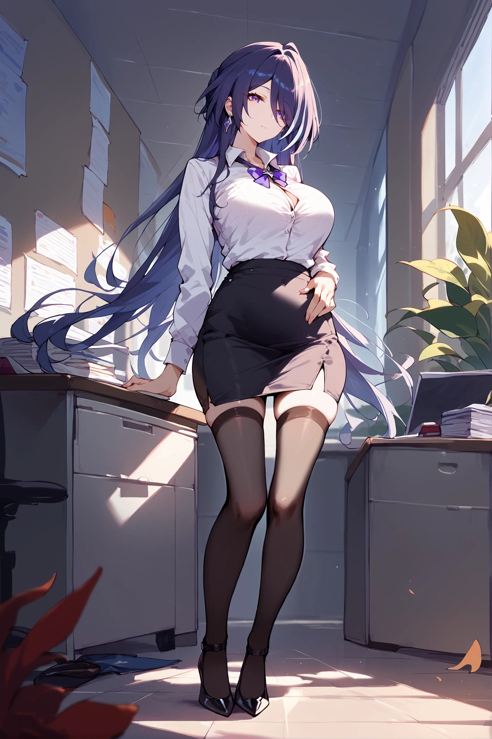 score_9, score_8_up, score_7_up, 1girl, acheron \(honkai: star rail\), solo, office lady, collared shirt, white shirt, pencil skirt, black thighhighs, high heels, standing, full body, office, indoors, depth of field <lora:Char-HonkaiSR-Acheron-Pony-V1:0.9>