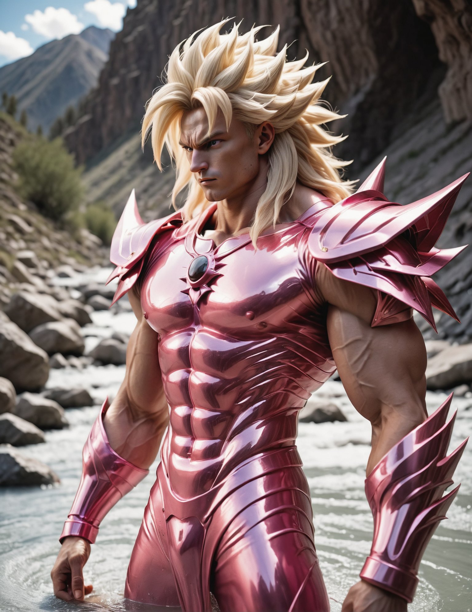 realistic 8K raw photography, (Long super Saiyan 3 blonde hair Man in pink chhdsrmr:1.3), Intricate details, (Reflective surfaces:1.2), Steel wings embellishments, Proud, Swift Sideways Slash, Dramatic shadows, (Light cascading:1.2), (full body view:1.3), Captured with a Sony Alpha a7R IV, 50mm f/1.8 lens, High definition clarity, Raw intensity, Detailed textures, stunning Hidden Mountain Hot Springs <lora:Armor from HaDeS XL v3.4 Lite:1>