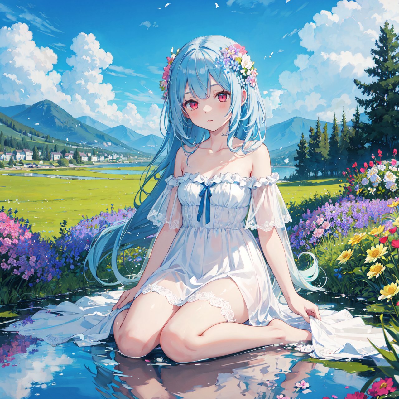 best quality, masterpiece, illustration, (reflection light), incredibly absurdres, 1girl, girl middle of flower, pure skyblue hair, red eyes, clear sky, outside, collarbone, loli, sitting, absurdly long hair, clear boundaries of the cloth, white dress, fantastic scenery, ground of flowers, thousand of flowers, colorful flowers, flowers around her, various flowers