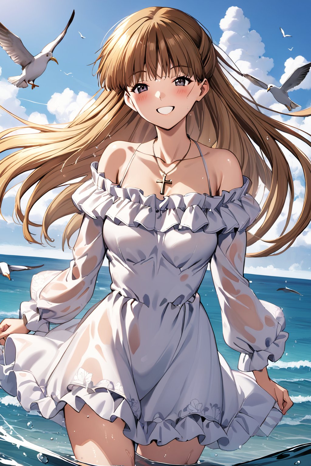 high detailed,very aesthetic,high detailed,very aesthetic, kanzaki asuka, 1girl, blonde hair, smile, dress, cloud, sky, outdoors, facing viewer, wading, white dress, brown hair, necklace, blush, water, day, grin, jewelry, long hair, floral print, blue sky, ^_^, cloudy sky, bird, bare shoulders, standing, off shoulder, long sleeves, ocean, frills, off-shoulder dress, arms at sides, water drop, wet, collarbone, frilled dress, cross, see-through, teeth, cross necklace, cowboy shot, print dress, floating hair, frilled sleeves, wind, wet clothes, open mouth, short dress, seagull, masterpiece, best quality, cute girl, beautiful girl, perfect body, perfect face, shiny eyes, <lora:kanzaki asuka anyt:0.8>