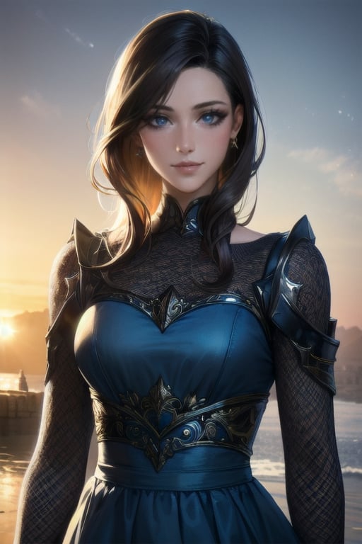 ((masterpiece)), ((best quality)), (ultra-detailed), absurdres, extremely detailed CG unity 8k wallpaper, Official Art, (realistic), [beautiful face, detailed hands, expressive eyes:0.5], upper body, [close up:0.5], solo, scenery, illustration, dramatic lighting, standing, smile, 1girl, sharp eyelashes, lips, dress ((masterpiece)), , absurdres, HDR