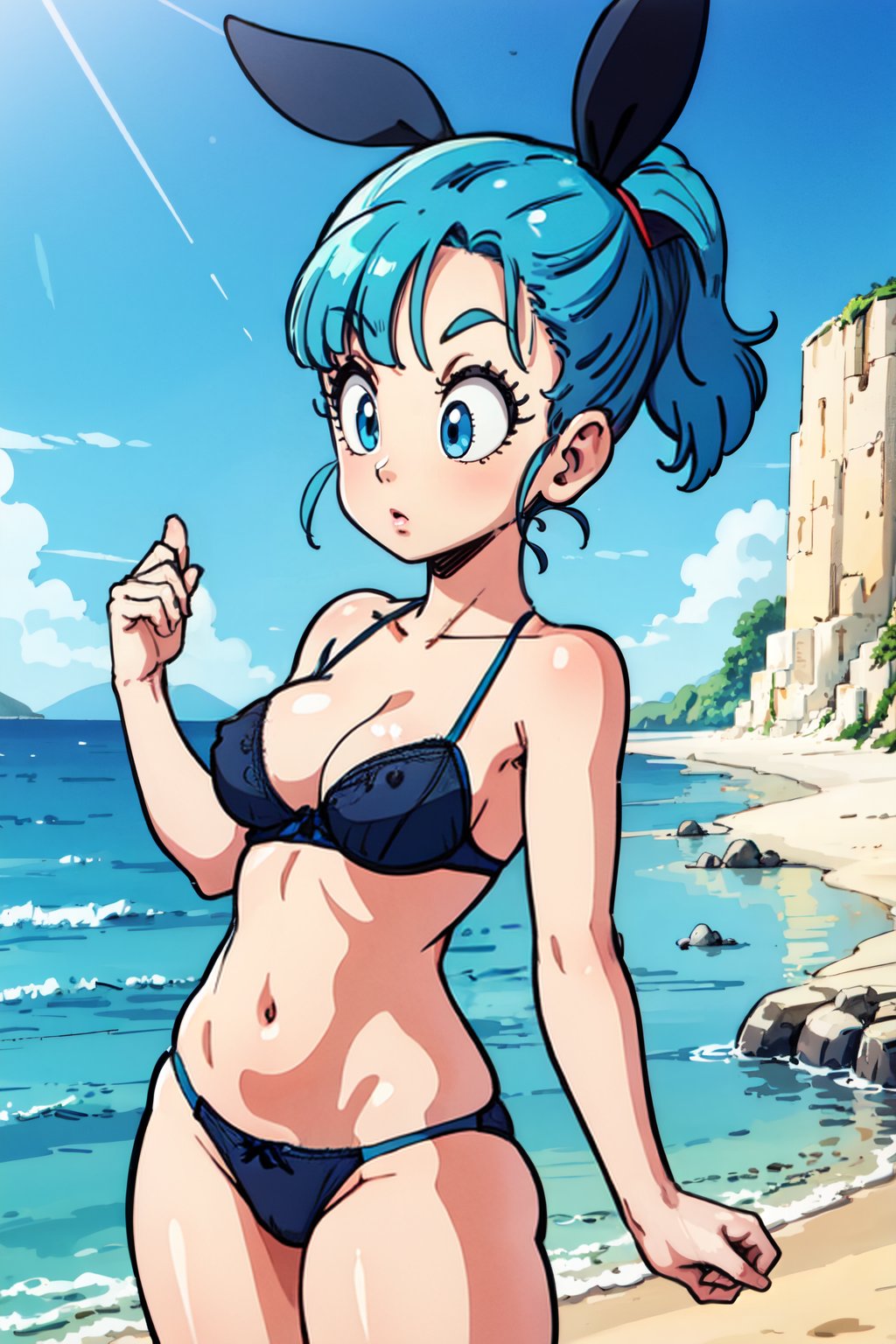 <lora:retrobulma:0.9> cowboy shot, ,retrobulma 1girl blue hair , pony_tail ,black lingerie,bikini, black bunny ears, outdoors,  beach,  