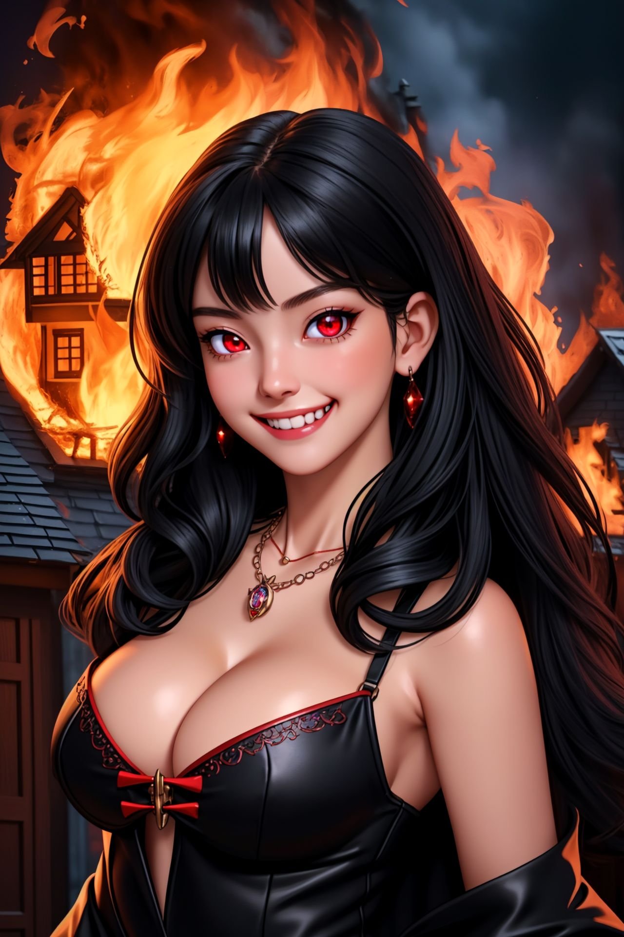 1girl, masterpiece, perfect body and face, cute and sexy, (grin mouth), red eyes, black hair, witch, (house on fire), looking at viewer, evil smile, upper body, detailed, detailed face, detailed skin, sparkling eyes, necklace, cleavage, hyperdetailed, 8k, complex