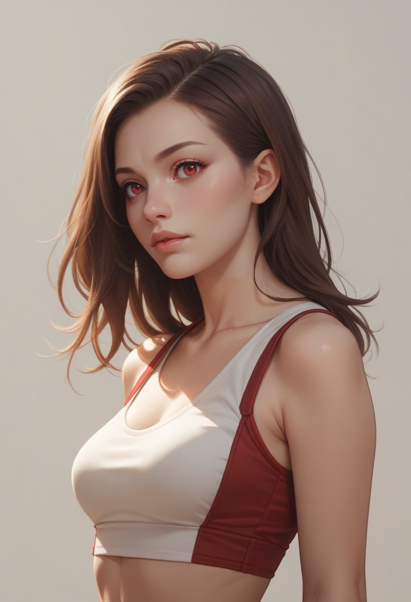 score_9, score_8_up, score_7_up, score_6_up, score_5_up, score_4_up, 1girl, pale skin, medium breasts , lips, twist-out hair, ash brown hair, red eyes, wearingmidriff sarashi , upper body, simple background, 