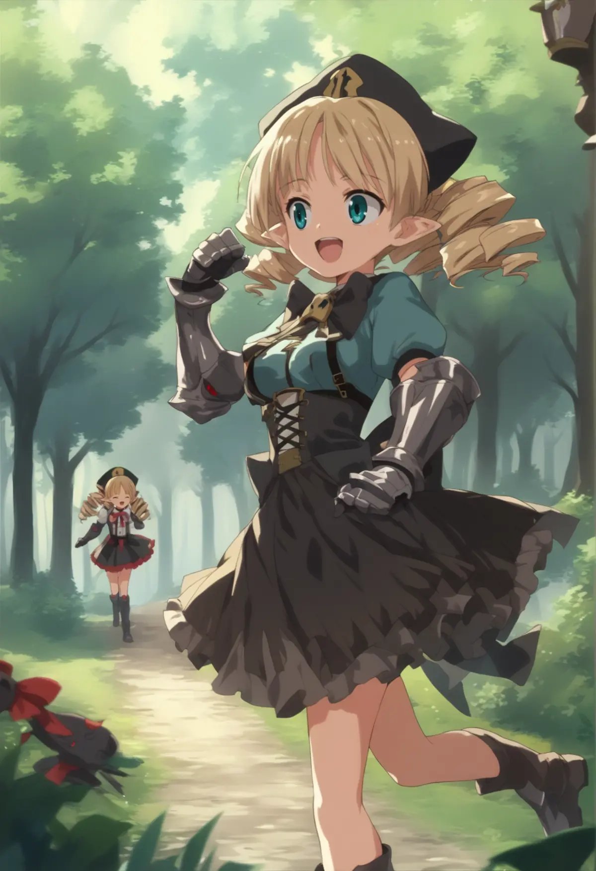 1girl, aqua eyes, blonde, twintails, pointy ears, twintails, drill hair, black dress, short sleeves, hat, suspenders, medium breasts, ribbon, gauntlets, happy, walking, from side, open mouth, closed eyes, forest, legs up <lora:Ymir Rebellion XL:1>, score_9, score_8_up, score_7_up, score_6_up, score_5_up, score_4_up, BREAK source_anime, masterpiece