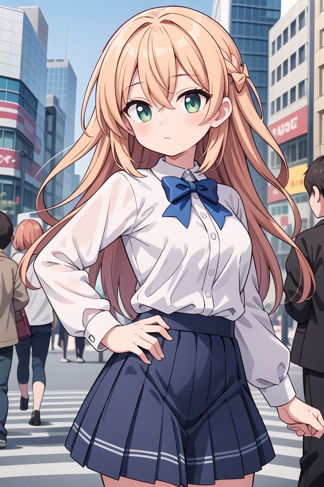 insanely detailed, absurdres, ultra-highres, ultra-detailed, best quality,1girl, solo, nice hands, perfect handsBREAKjirai kei,plaid skirt, shirt, long sleeves, bow, blue skirt, white shoulder frilly shirt, outdoors, blue bow, long hairBREAK(nsfw:-1.5)BREAKexpressionless, closed mouthBREAKfrom below,standing, cowboy shot, looking at viewerBREAKslender, kawaii, perfect symmetrical face, ultra cute girl, ultra cute face, ultra detailed eyes, ultra detailed hair, ultra cute, ultra beautifulBREAKshibuya, akihabara, tokyo, street, crowd, cityscape, depth of field, ultra detailed backgroundBREAKmedium large breastsBREAKorange hair, green eyes, fishtail, hair between eyes