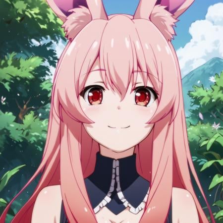 score_9, score_8_up, score_7_up, score_6_up, score_5_up, score_4_up, source_anime, , Kuro-Gift, pink hair, red eyes, long hair, rabbit girl, animal ear fluff, , soft smile, portrait