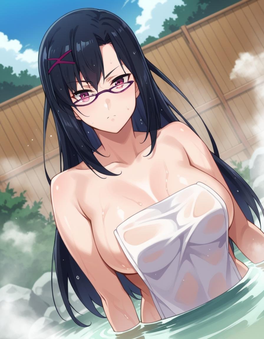 score_9, score_8_up, score_7_up, source_anime,konosubasena, <lora:konosuba-sena-s2-ponyxl-lora-nochekaiser:1>,sena, long hair, black hair, hair ornament, glasses, purple-framed eyewear, pink eyes,nude, naked,outdoors, onsen, towel, naked towel, steam, bathing, nude cover, partially submerged, water, bath, steam censor, wet towel,looking at viewer, dutch angle, cowboy shot,