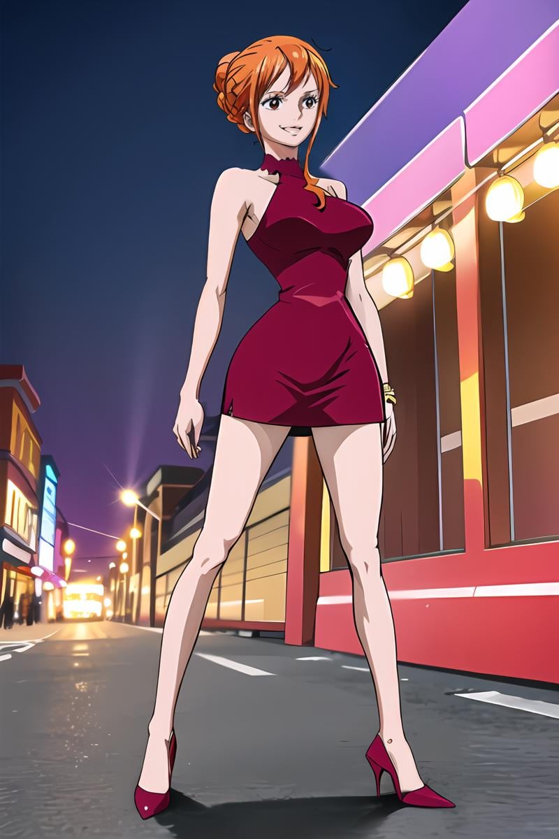 <lora:SC-OP_Nami_WCIRD:1>, opn4m1wcird, masterpiece, best quality, full body, smile, short dress, high heels, single hair bun, sleeveless, night, street, posing