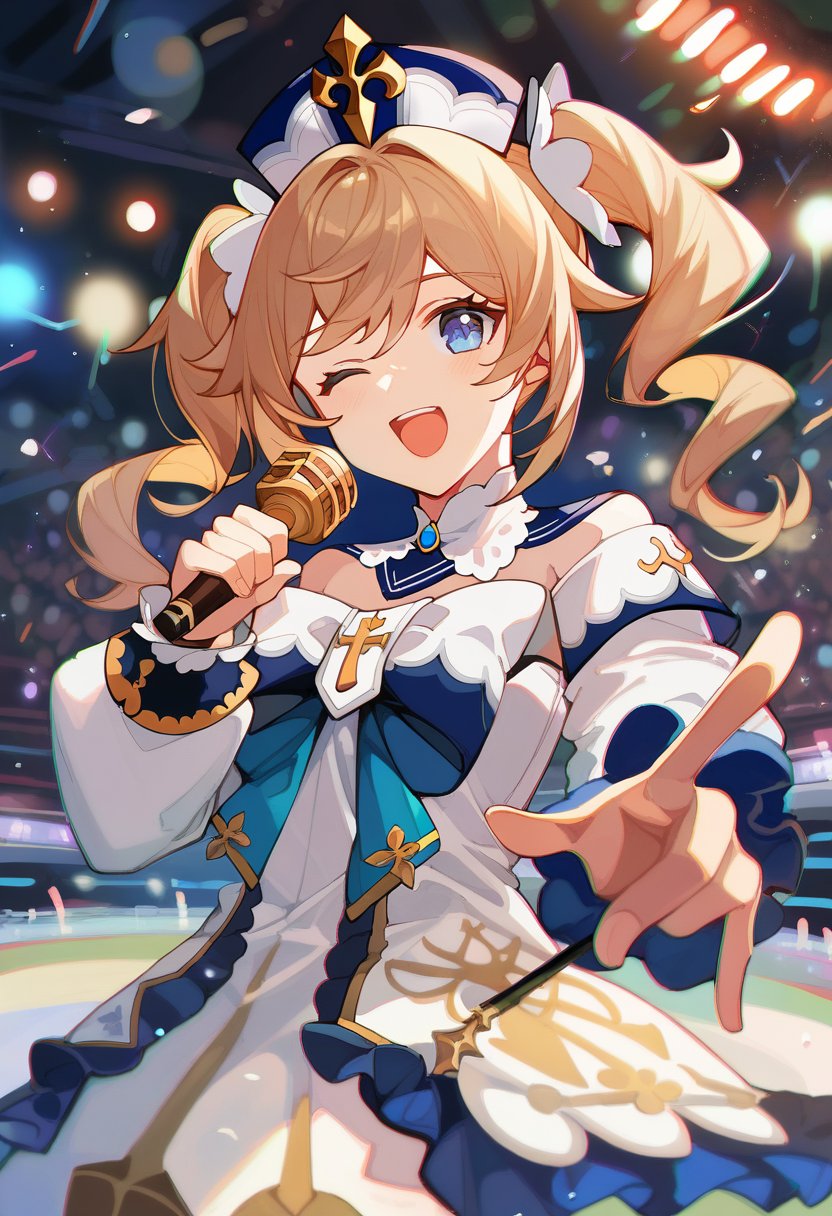 score_9, score_8_up, score_7_up, cowboy shot, masterpiece, dynamic lights, high quality, highres,  ach-ciloranko, ((chromatic aberration, colors saturation, vibrant colors)), 1girl, barbara_(genshin_impact), idol, cowboy shot, solo, pointing to viewer, holding microphone, beige hair, one eye closed, open mouth, happy, hair ornaments, frilled dress, indoors, concert, public, stadium, neon lights,  <lora:Ciloranko-04:1> 