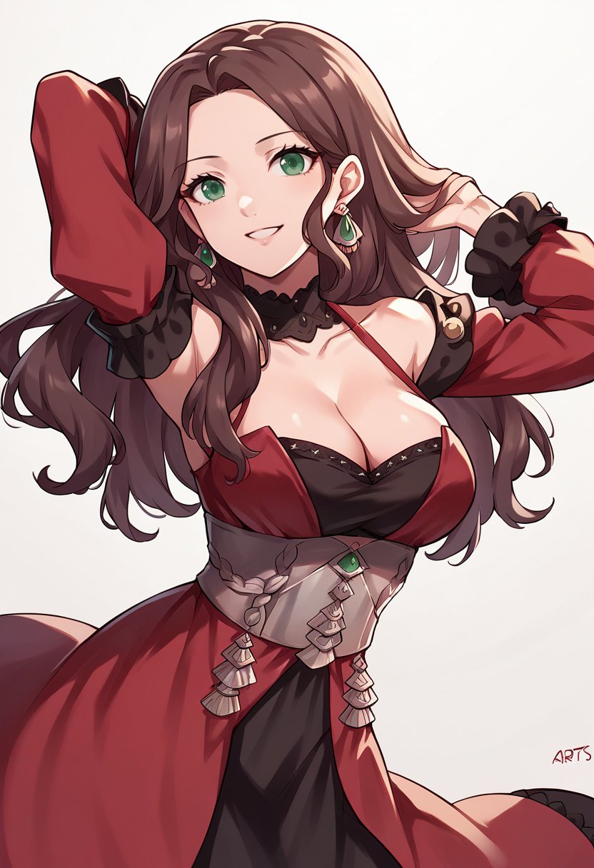 score_9, score_8_up, score_7_up, source_anime, mldorts, brown hair, corset, green eyes, large breasts, long hair, long sleeves, red dress, silver trim, bare shoulders, cleavage, dangle earrings  <lora:dorothea-take-1pdxl:1>, smile, cleavage, collarbone, halter, arms behind head