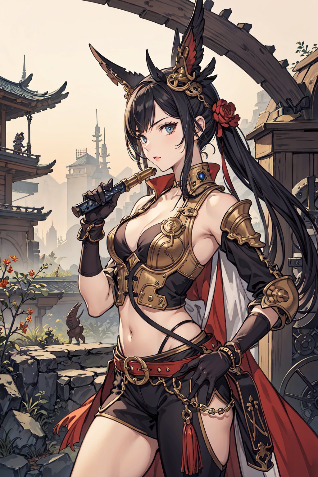 best quality,oriental_detailed background,girl,detailed_hand,battle, monster, steampunk, 