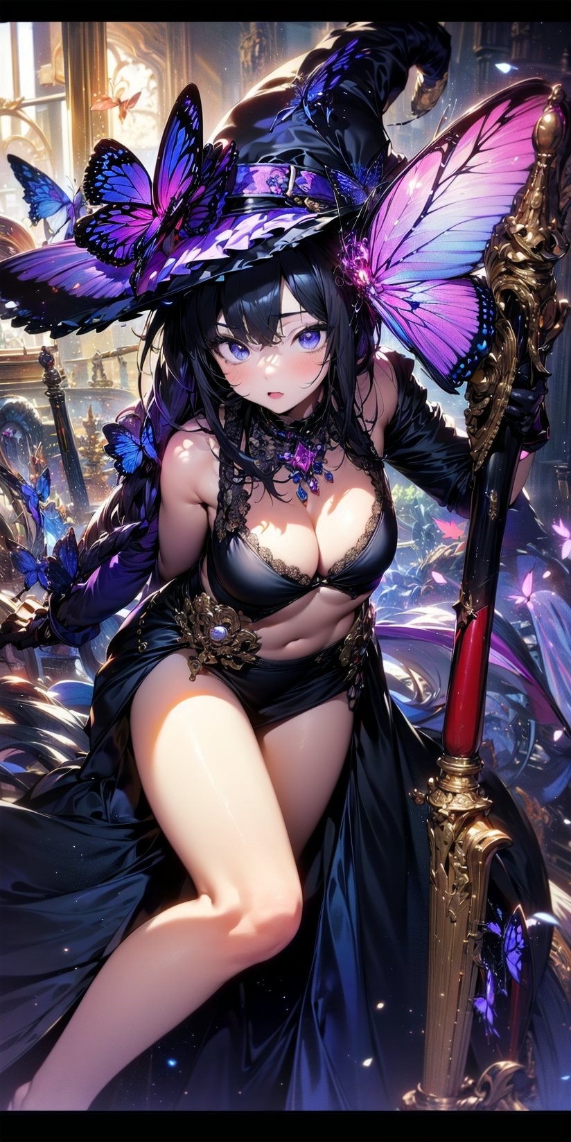 <lora:apstyle3diff:1> apstyle3 apstyle masterpiece best quality detailed eyescolorful butterfly,girl,full body,witch hat,(detailed face:1.2), Tarot border,The portrait is centered,(no weapon),, medium hair, black hair, twintails, blunt bangs, brown eyes,<lora:detail_slider_v4:0.5>