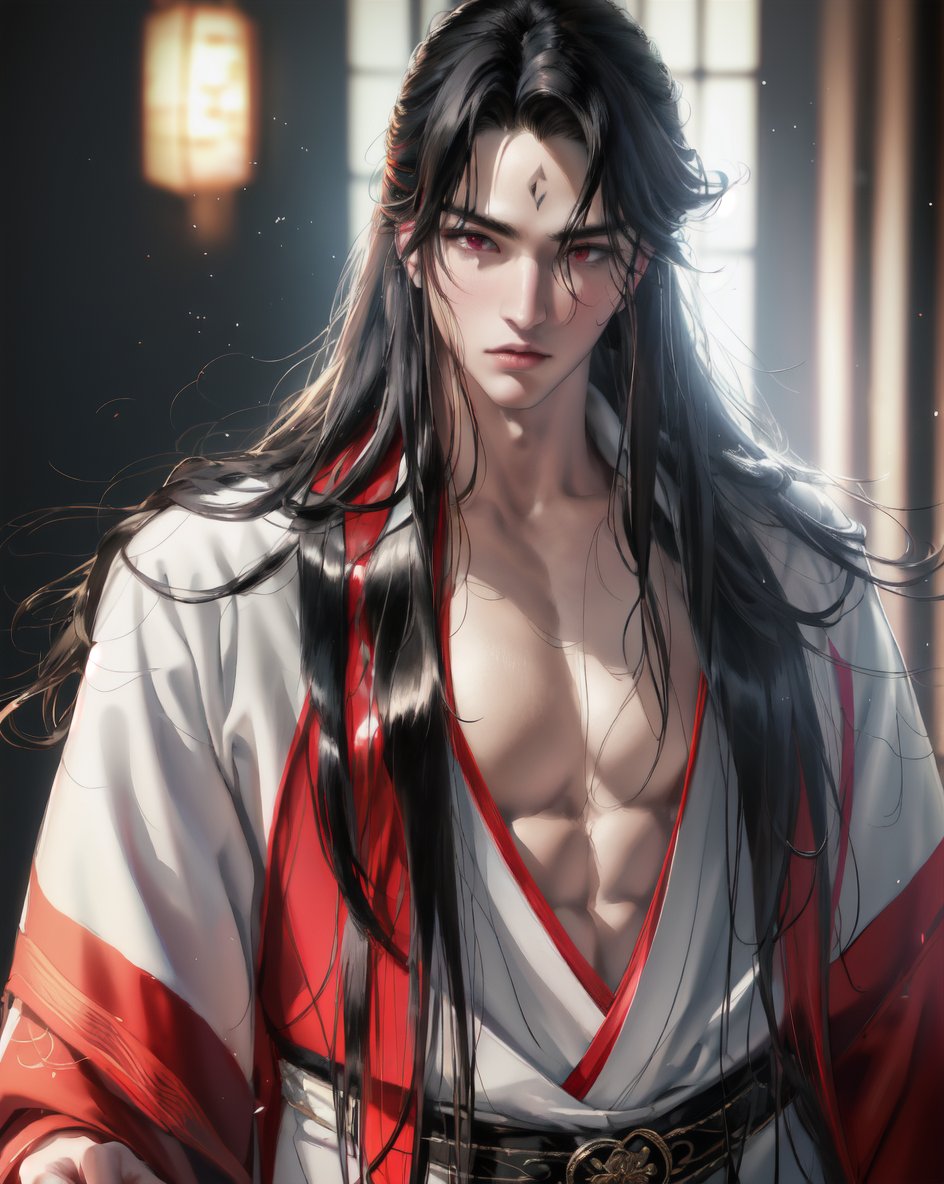 masterpiece, best quality, highly detailed background, perfect lighting, ((masterpiece)), depth of field, cinematic lighting, 1boy, male focus, black hair, long hair, forehead mark, facial mark, bishounen, looking at viewer, red eyes, hanfu, closed mouth, parted bangs, very long hair, <lora:more_details:0.1>, <lora:sakimichan-v1.5fix-lora-32dim-10ep-novae-newcraft:0.8>,  <lora:lora:0.8>, black clothes, open clothes, abs