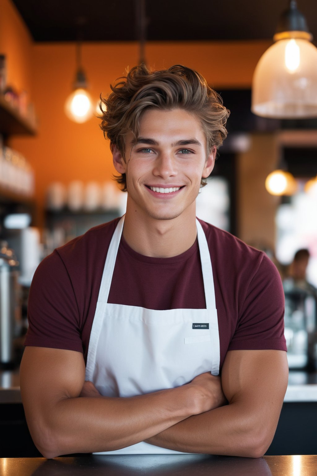 a 21-year-old heartthrob young man with a strong jawline and tousled hair, wearing a crisp white apron over his clothing and a friendly smile on his face. He’s working behind the counter at a trendy cafe, chatting with customers and preparing drinks, all while exuding a charming and confident demeanor. RAW photo, detailed photo, gorgeous, shallow depth of field, bokeh, vibrant saturated color, volumetric lighting, iridescent skin, (surreal:0.4), hyper detailed photorealistic life-like accurate proportional 8k sharp focus, empty hands, (accurate cinematic lighting), photorealistic detail, (selective focus:0.6)