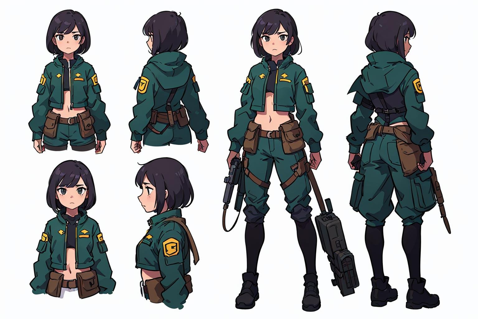 (best quality:0.8) perfect anime (character reference:1.2) illustration, gunslinger camoflauge outfit, concept art, multiple angles