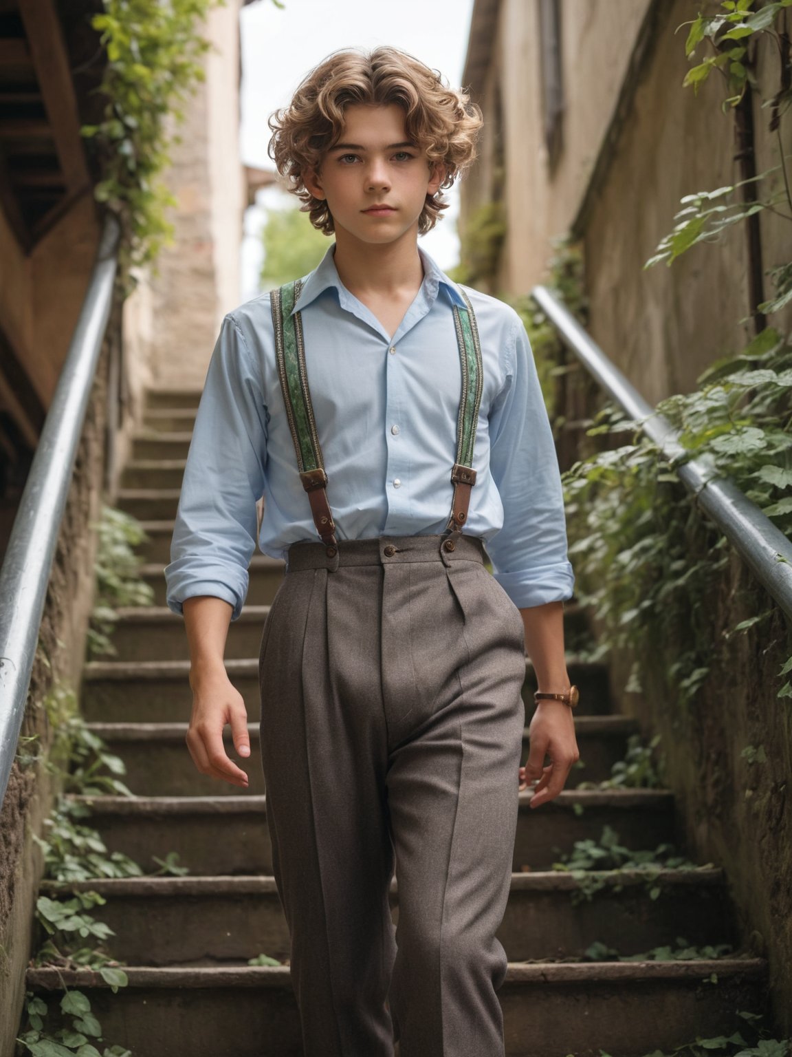 (1boy, 18yo), (masterpiece, best quality), slight Art Nouveau (alluring 1boy, solo, of Heaven:1.3) , Colossal, he is Walking down a stairs, in a very 1950'S Trachtenhemd, The Trachtenhemd has a Colorless bow, his hair is Industrial, Messy hair, fairytaleai, key visual, highly decorated, extremely rich detail, surreal, beautiful detailed supreme quality color intricate, dynamic composition, RAW photo, dreamy soft focus, detailed photo, gorgeous, shallow depth of field, bokeh, hyper detailed photorealistic life-like accurate proportional 8k sharp focus, (selective focus:0.6)