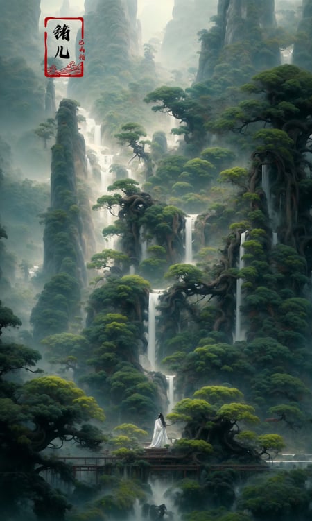 an painting in a style of oriental painting, in the style of matte painting, layered and atmospheric landscapes, rich and immersive, quiet contemplation, dark white and green, history painting, zen-inspired, grandeur of scale，highly detailed, dynamic, cinematic, stunning, realistic lighting and shading, vivid, vibrant, 8k,octane render, unreal engine, very detailed, concept art, realistic, Cry engine, wide shot，1 girl，very long hair，white hair，(upper body:1.0)，<lora:绪儿-松 pine:0.9>