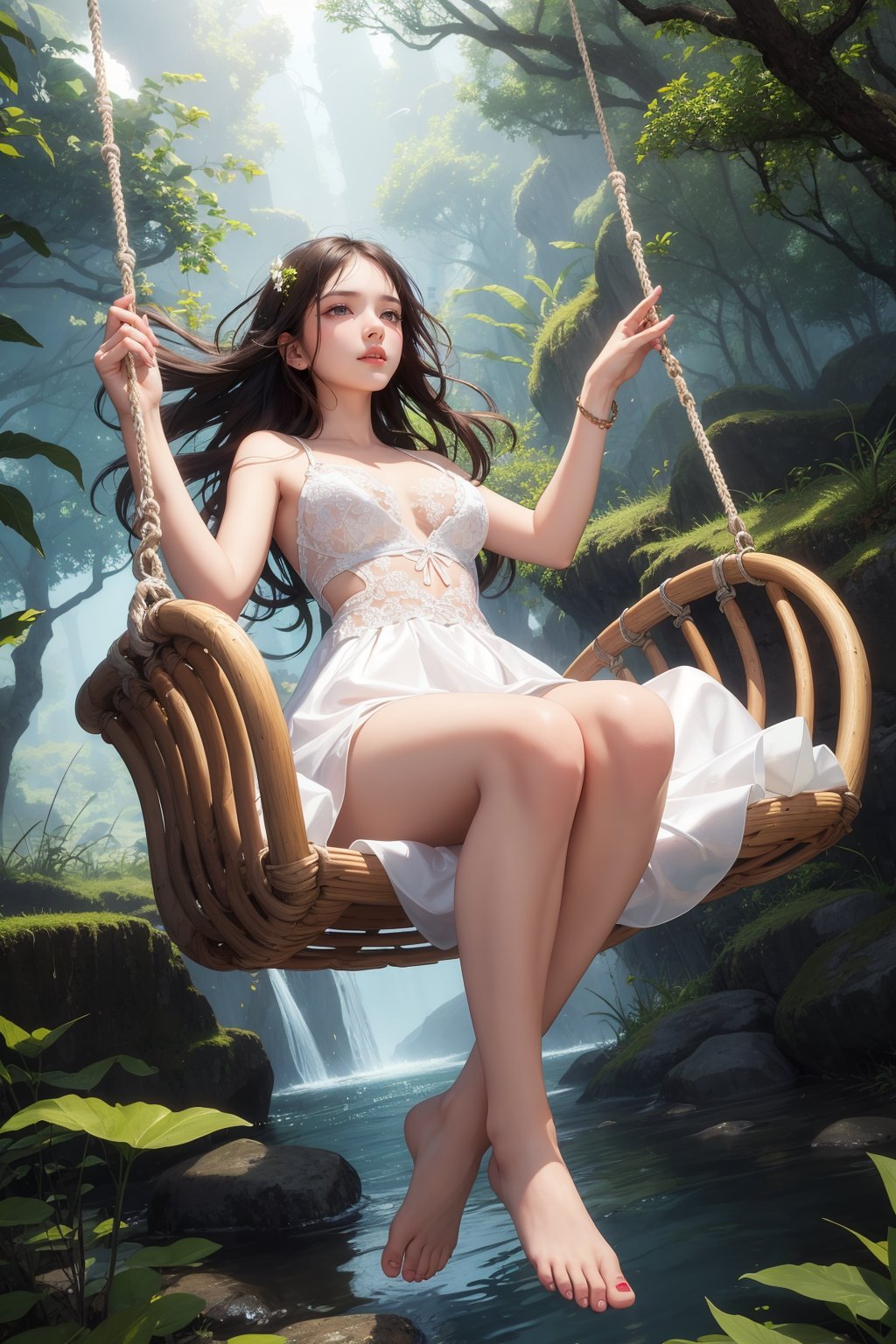 (floating),1girl,(swinging on the swing),white dress,(falling from the sky),(masterpiece, top quality, best quality, official art, beautiful and aesthetic:1.2),highest detailed,abstract,(masterpiece:1.1),(highest quality:1.1),cloud,day,forest,grass,jungle,moss,mountain,nature,outdoors,sunlight,blue_theme,short black hair,wavy hair,bare feet,water, radiant light, bright, celestial, pleasant, sublime, extremely noble, cinematic, shining, rich deep colors, extraordinary, brilliant, majestic, attractive, cool, fascinating, dramatic ambient background, complimentary color