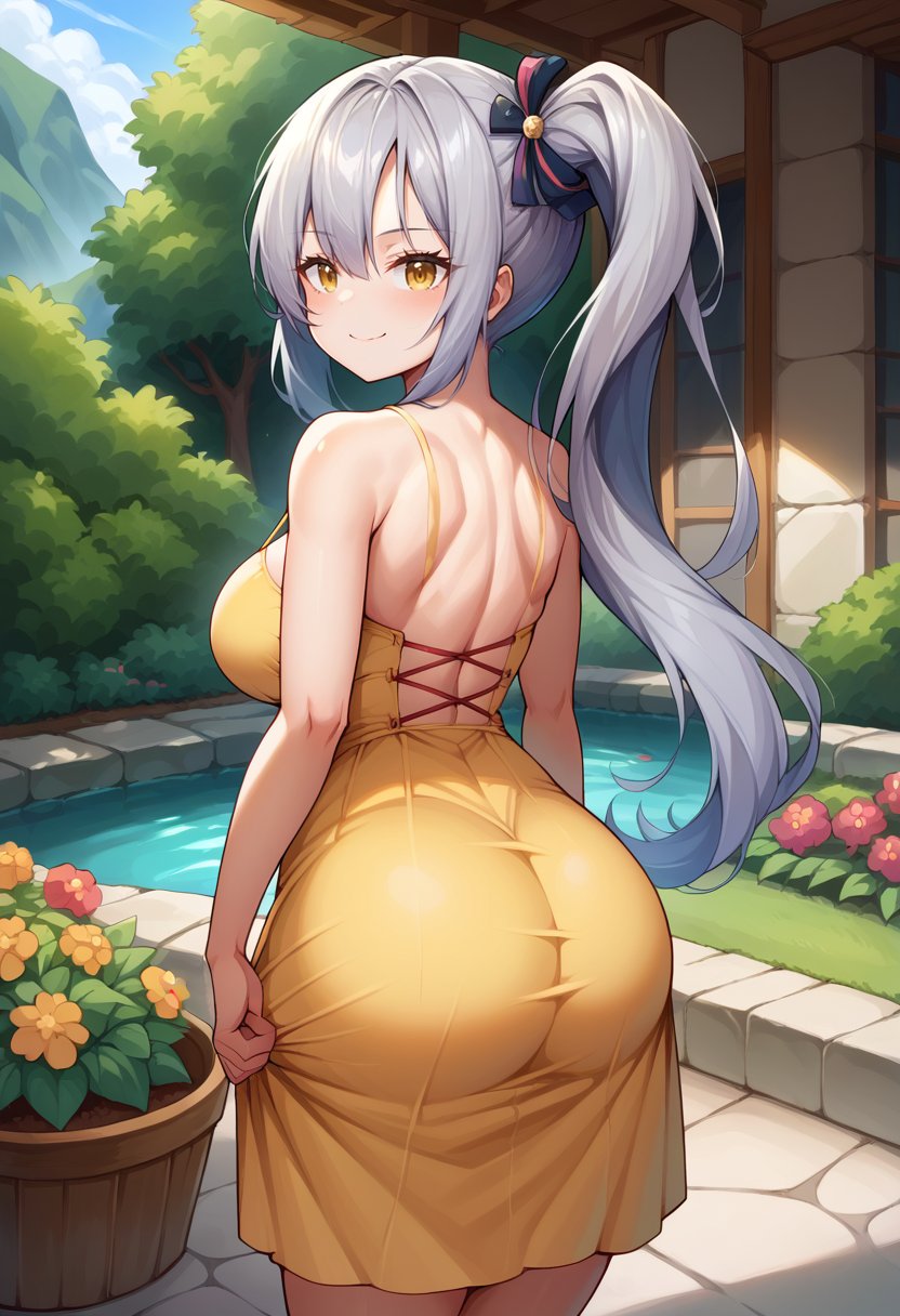 score_9,score_8_up,score_7_up BREAK 1girl,jelodkdef,solo,garden,from behind,grey hair,side ponytail,hair ribbon,yellow eyes,yellow sundress,looking back,seductive smile,<lora:Drake-JeloXL-000008:1>,