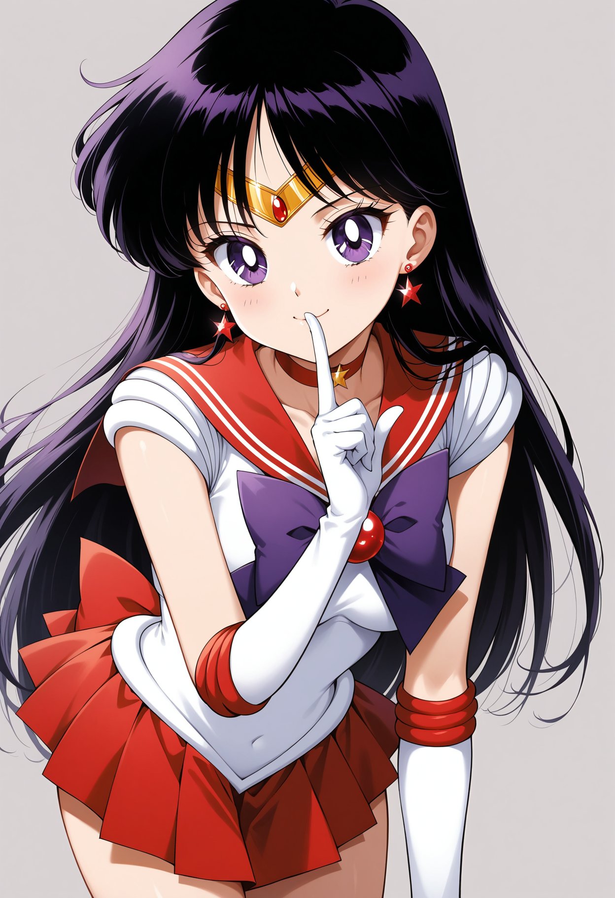 (masterpiece, best quality, very aesthetic, ultra detailed), intricate details, 4k, aamars, long hair, black hair, tiara, earrings, red choker, red sailor collar, purple bowtie, white shirt, elbow gloves, white gloves, pleated skirt, red skirt, bare legs, <lora:sailor_mars_animaginexl_v1:0.9>, smile, shushing, leaning forward, upper body, finger to mouth, simple background