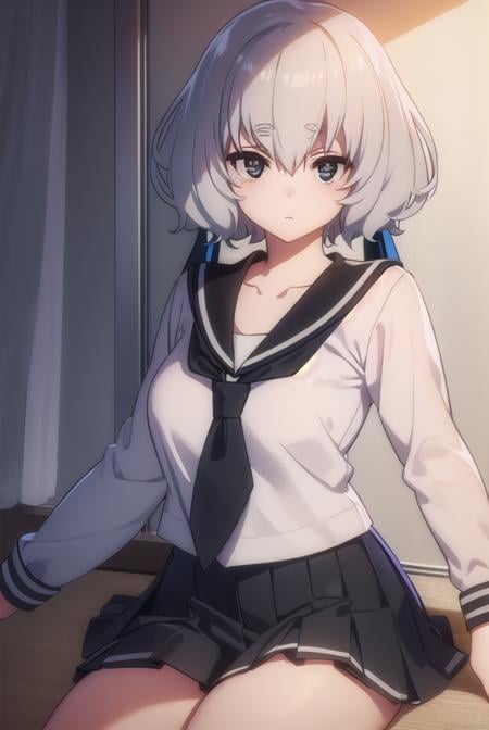 junkokonno, <lora:junko konno s2-lora-nochekaiser:1>,junko konno, low twintails, (black eyes:1.5), twintails, white hair,BREAK sailor dress, serafuku, skirt, school uniform, white necktie, necktie, long sleeves,BREAK looking at viewer, full body,BREAK indoors, classroom,BREAK <lyco:GoodHands-beta2:1>, (masterpiece:1.2), best quality, high resolution, unity 8k wallpaper, (illustration:0.8), (beautiful detailed eyes:1.6), extremely detailed face, perfect lighting, extremely detailed CG, (perfect hands, perfect anatomy),